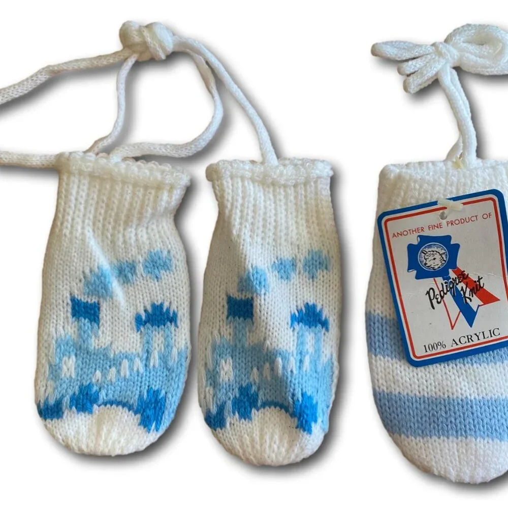 Set of 2 Baby Blue & White Mittens - Newborn to 12 Months
